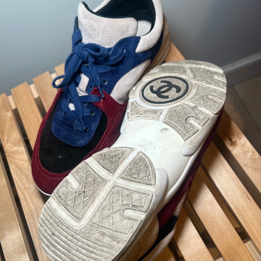 Chanel Calfskin Suede Mens Sneakers 42 Blue Red Beige - Picture 4 of 6